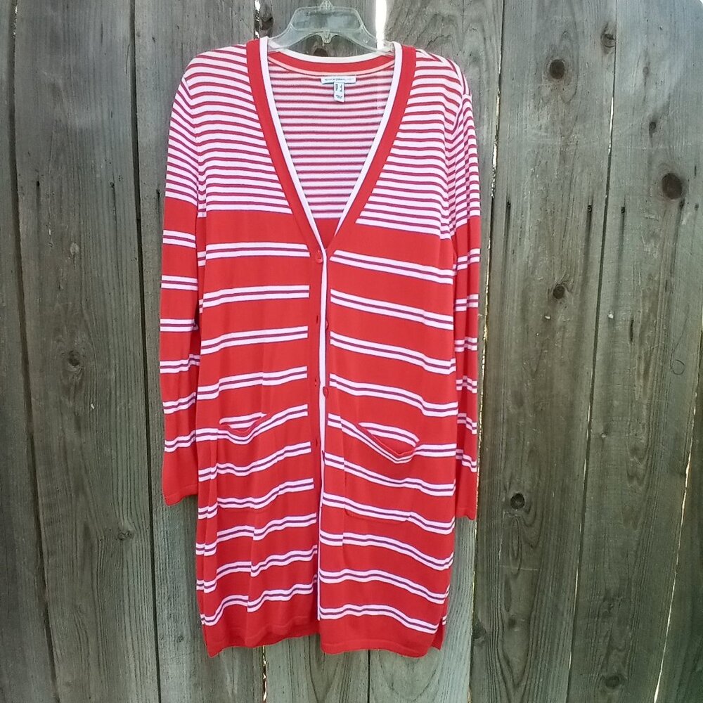 ISAACMIZRAHILIVE CARDIGAN WOMENS SZ L RED WHITE STRIPED BUTTON DOWN POCKETS